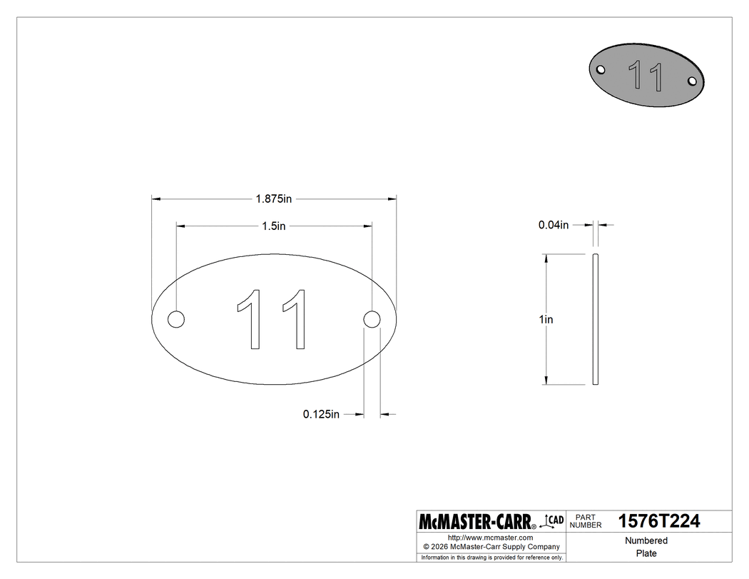 Technical Drawing of Numbered Plate, Brass, 1" High x 1-7/8" Wide.